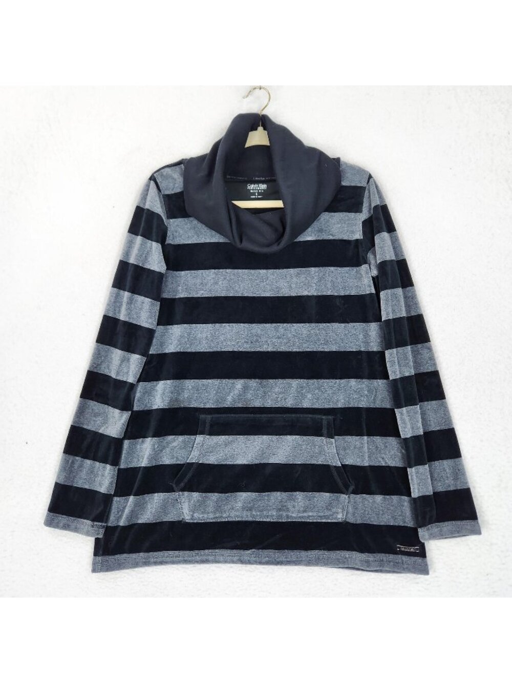 Calvin Klein Sweater Womens Large Gray Striped Cowl Neck Pullover Tunic Casual